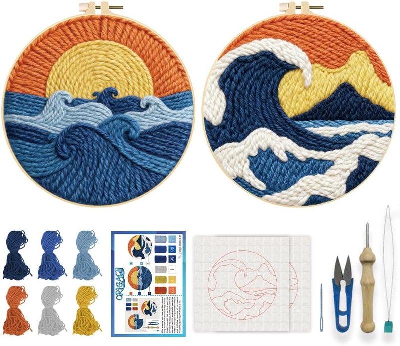 ORIGACH 2 Set Embroidery Punch Needle Kit for Adults Beginners DIY Kanagawa Wave Punch Stitching Kit for Art Crafts & Home Decor Easy Needle Punching Project with 7.9inch Hoop, Patterns, Yarns, Tools - Image 1